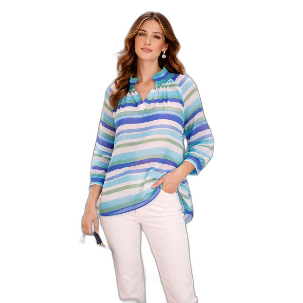 Ann Mashburn Split Neck Popover Blouse XL Blue Green Stripe Lightweight Top